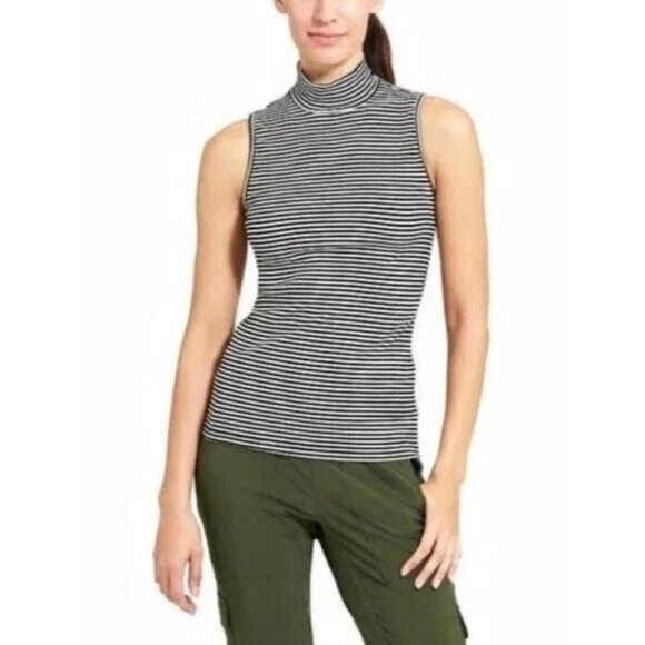 Athleta Navy and White Stripe Ribbed Mock Neck Athletic Tank Top l Size Small - Picture 1 of 9